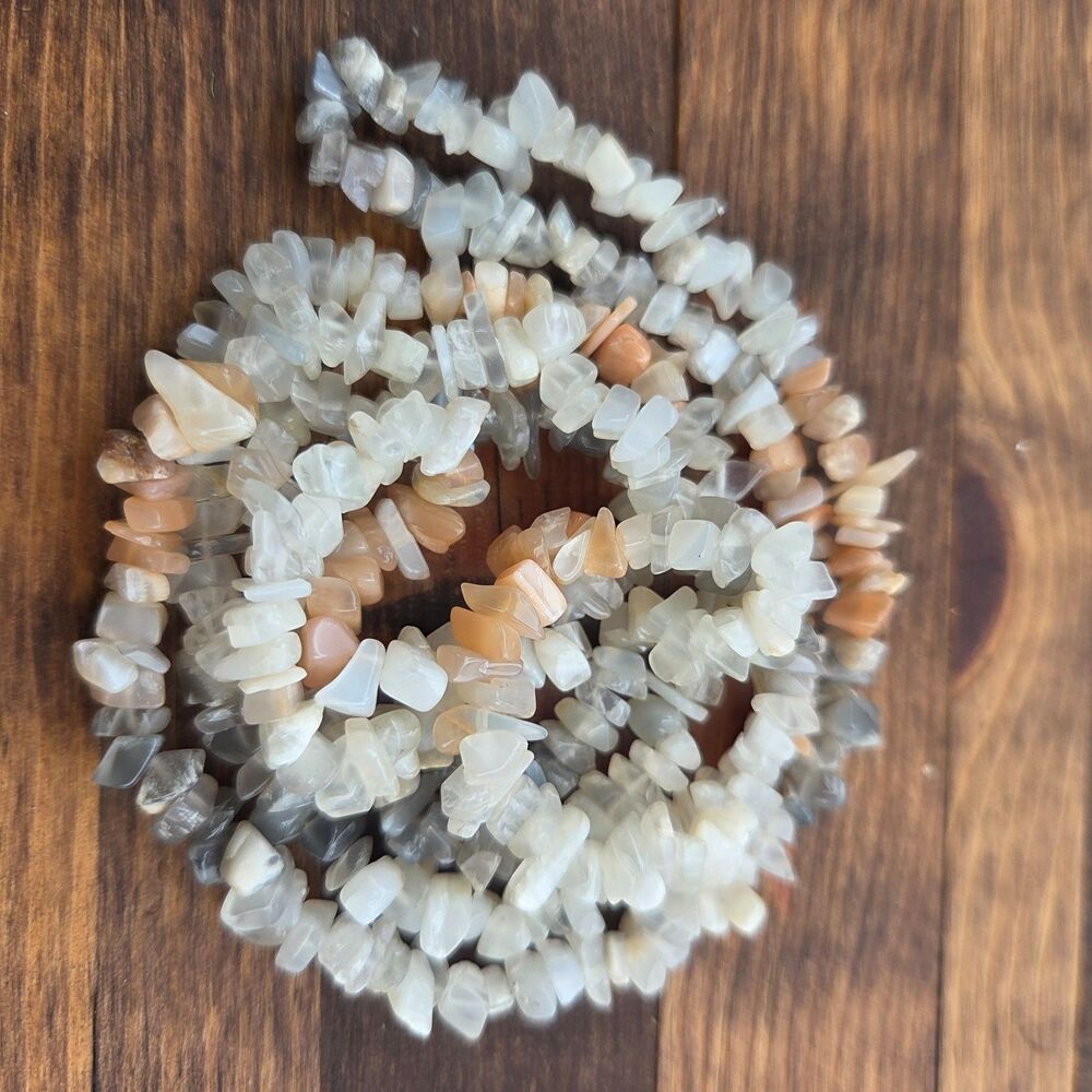 Moonstone Style Chip Bead Necklace 35" Peach Gray Cream Endless Strand Boho